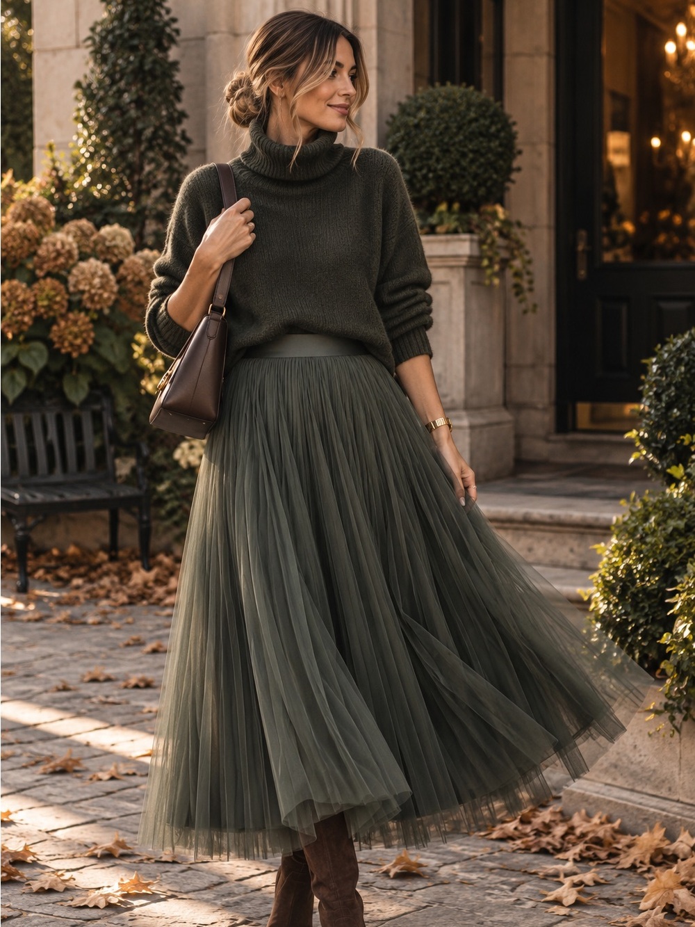 Preppy Layered Tulle Midi Skirt Romantic A-Line feminine olive green